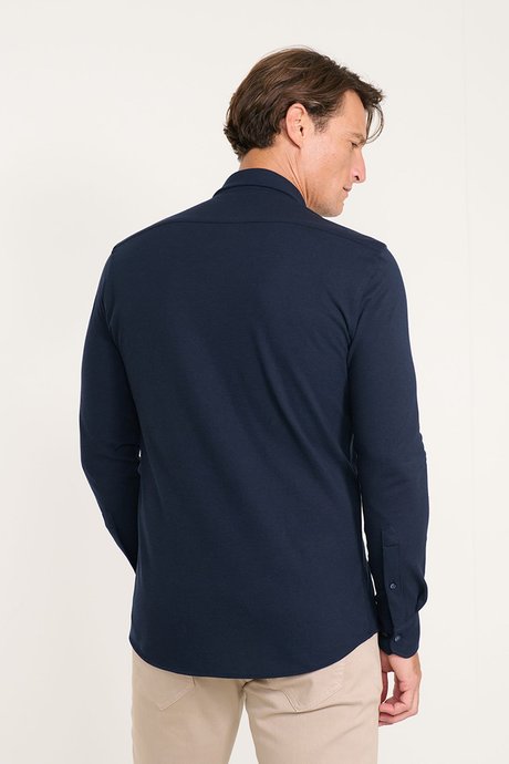 Pamuklu Slim Fit Dar Kesim Düğmeli Yaka Örme Lacivert Gömlek resmi