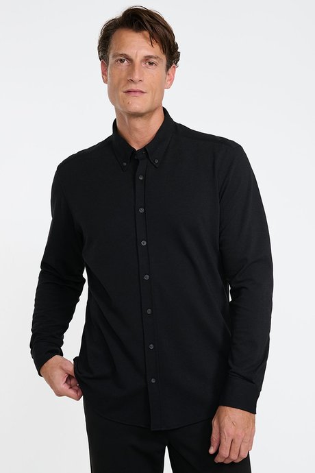 Pamuklu Slim Fit Dar Kesim Düğmeli Yaka Örme Siyah Gömlek resmi
