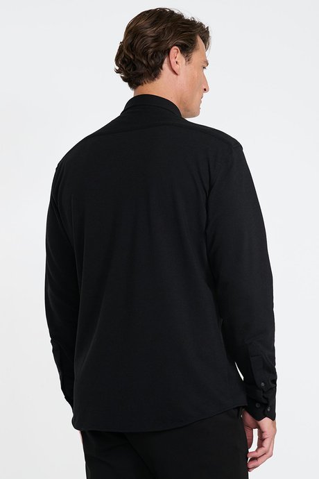 Pamuklu Slim Fit Dar Kesim Düğmeli Yaka Örme Siyah Gömlek resmi