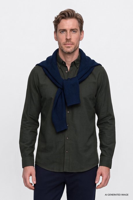 Pamuklu Slim Fit Dar Kesim Düğmeli Yaka Flanel Haki Gömlek resmi