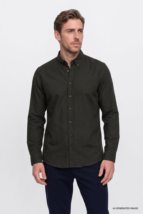 Pamuklu Slim Fit Dar Kesim Düğmeli Yaka Flanel Haki Gömlek resmi