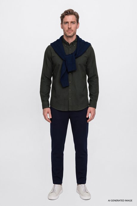 Pamuklu Slim Fit Dar Kesim Düğmeli Yaka Flanel Haki Gömlek resmi