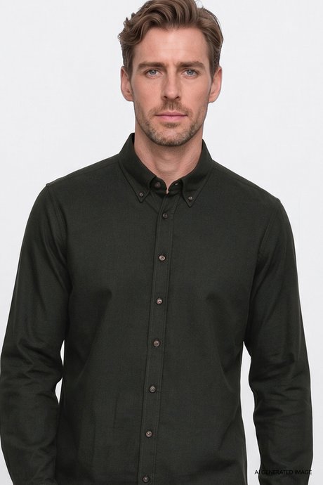 Pamuklu Slim Fit Dar Kesim Düğmeli Yaka Flanel Haki Gömlek resmi