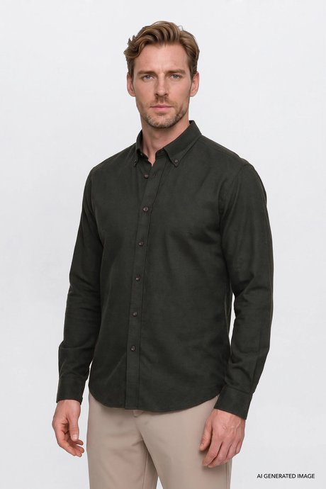 Pamuklu Slim Fit Dar Kesim Düğmeli Yaka Flanel Haki Gömlek resmi