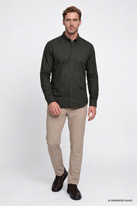 Pamuklu Slim Fit Dar Kesim Düğmeli Yaka Flanel Haki Gömlek resmi