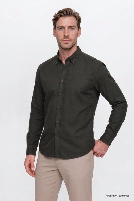 Pamuklu Slim Fit Dar Kesim Düğmeli Yaka Flanel Haki Gömlek resmi