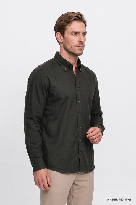Pamuklu Slim Fit Dar Kesim Düğmeli Yaka Flanel Haki Gömlek resmi
