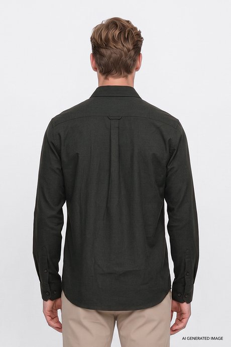Pamuklu Slim Fit Dar Kesim Düğmeli Yaka Flanel Haki Gömlek resmi