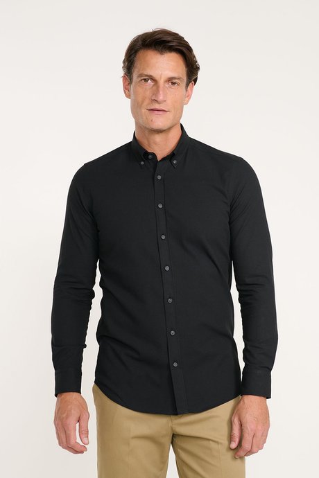 Pamuklu Slim Fit Dar Kesim Düğmeli Yaka Flanel Siyah Gömlek resmi