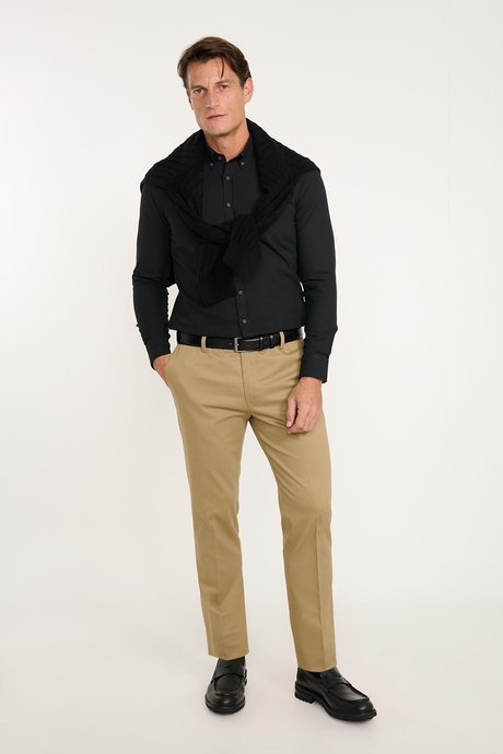Pamuklu Slim Fit Dar Kesim Düğmeli Yaka Flanel Siyah Gömlek resmi