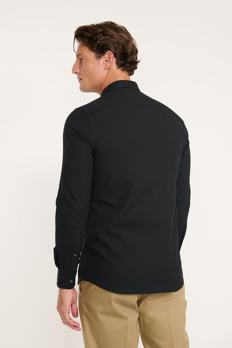 Pamuklu Slim Fit Dar Kesim Düğmeli Yaka Flanel Siyah Gömlek resmi
