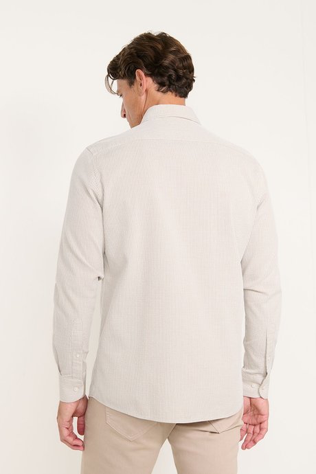 %100 Pamuk Slim Fit Dar Kesim Gizli Düğme Yaka Çizgili Bej-Beyaz Gömlek resmi