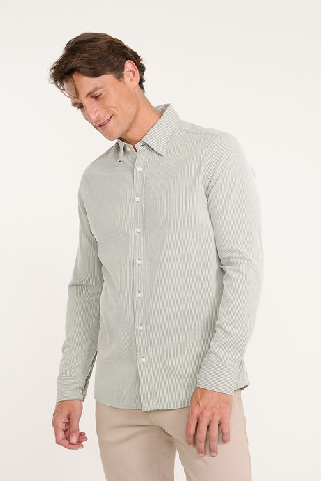 %100 Pamuk Slim Fit Dar Kesim Gizli Düğme Yaka Çizgili Haki-Beyaz Gömlek resmi