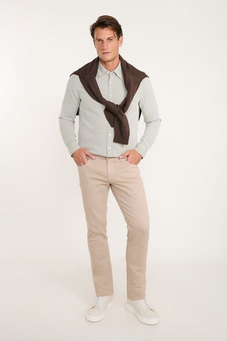 %100 Pamuk Slim Fit Dar Kesim Gizli Düğme Yaka Çizgili Haki-Beyaz Gömlek resmi