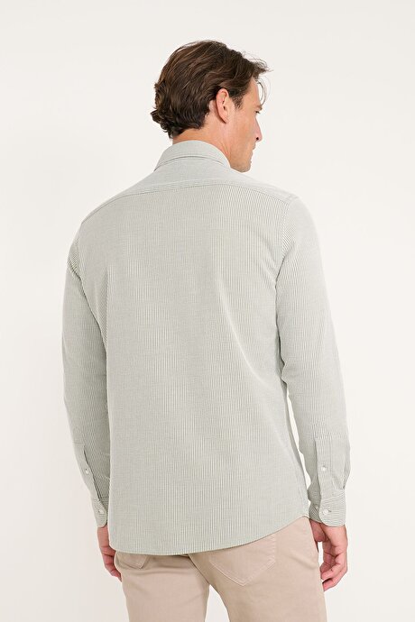 %100 Pamuk Slim Fit Dar Kesim Gizli Düğme Yaka Çizgili Haki-Beyaz Gömlek resmi