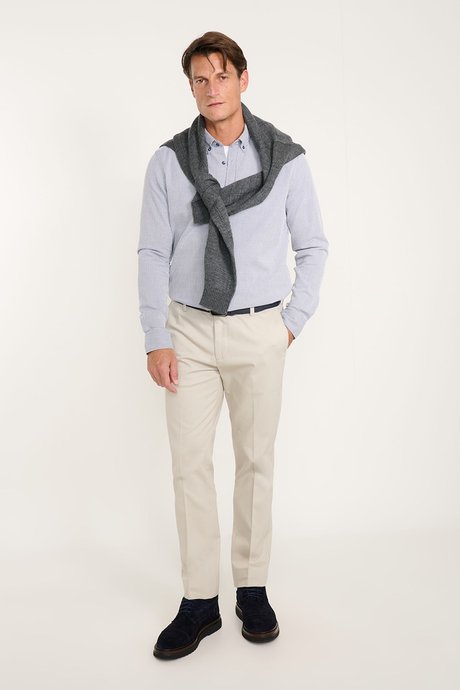 %100 Pamuk Slim Fit Dar Kesim Gizli Düğme Yaka Çizgili Lacivert-Beyaz Gömlek resmi