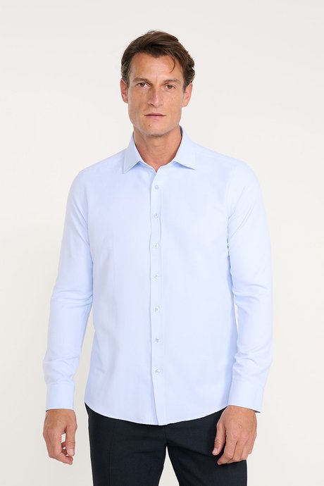Slim Fit Dar Kesim Klasik Yaka Armürlü Açık Mavi Gömlek resmi