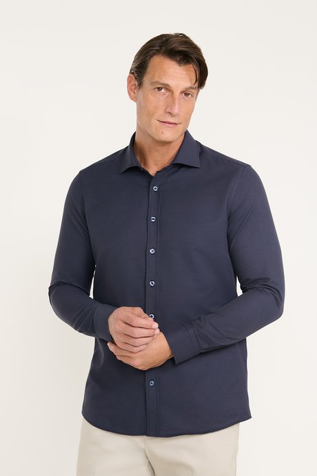 Slim Fit Dar Kesim Klasik Yaka Armürlü Lacivert Gömlek resmi