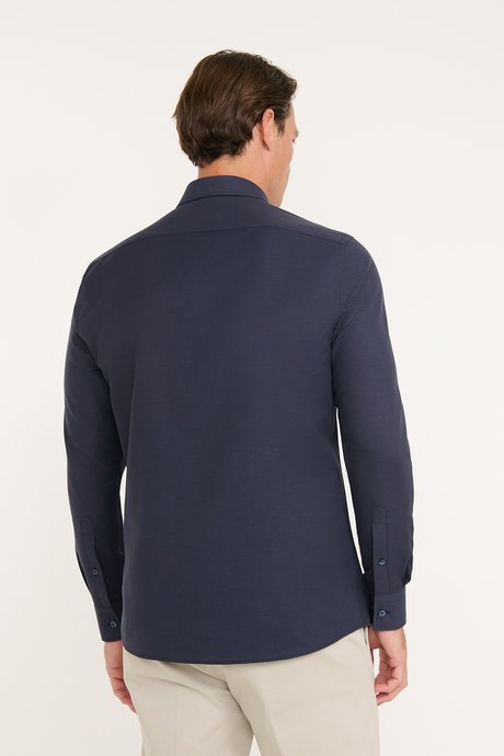 Slim Fit Dar Kesim Klasik Yaka Armürlü Lacivert Gömlek resmi
