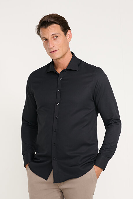 Slim Fit Dar Kesim Klasik Yaka Armürlü Siyah Gömlek resmi