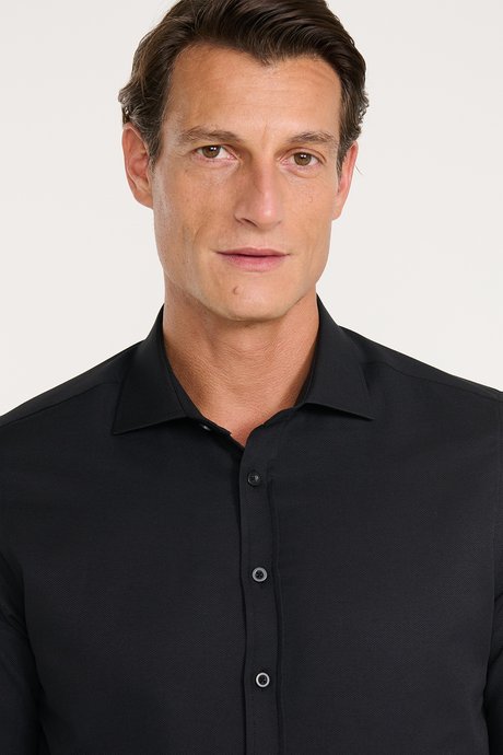 Slim Fit Dar Kesim Klasik Yaka Armürlü Siyah Gömlek resmi