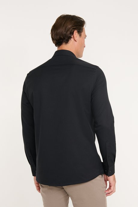 Slim Fit Dar Kesim Klasik Yaka Armürlü Siyah Gömlek resmi