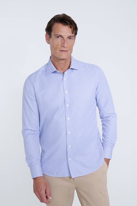 Pamuklu Slim Fit Dar Kesim Klasik Yaka Çizgili Lacivert-Beyaz Gömlek resmi