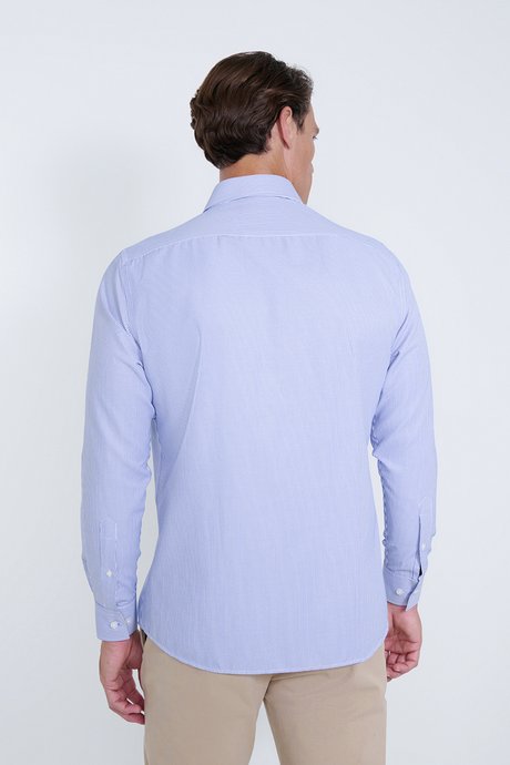 Pamuklu Slim Fit Dar Kesim Klasik Yaka Çizgili Lacivert-Beyaz Gömlek resmi