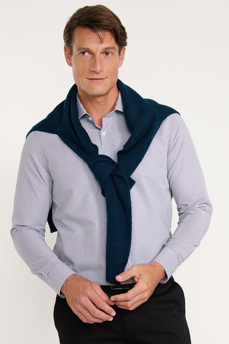 Pamuklu Slim Fit Dar Kesim Klasik Yaka Çizgili Siyah-Beyaz Gömlek resmi
