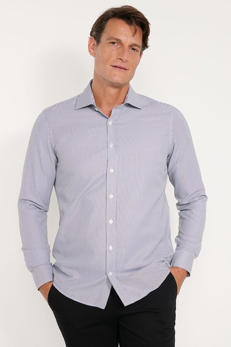 Pamuklu Slim Fit Dar Kesim Klasik Yaka Çizgili Siyah-Beyaz Gömlek resmi