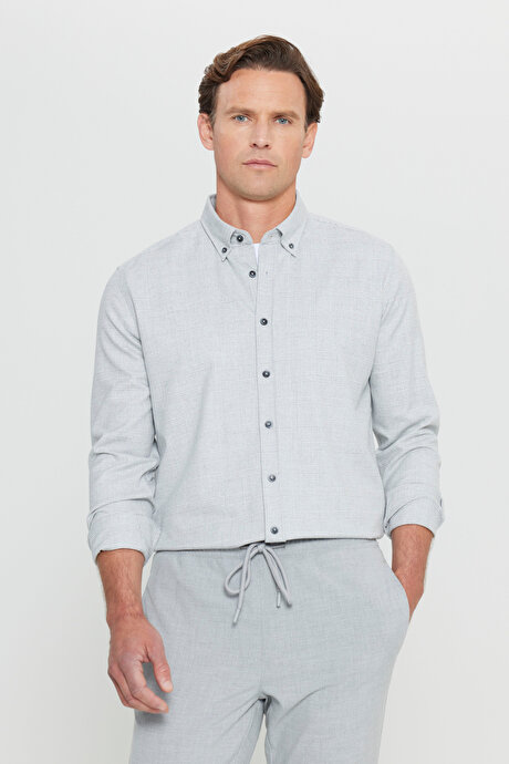 Oxford Slim Fit Dar Kesim Düğmeli Yaka Kareli Esnek Gri Gömlek resmi