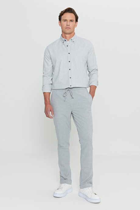 Oxford Slim Fit Dar Kesim Düğmeli Yaka Kareli Esnek Gri Gömlek resmi
