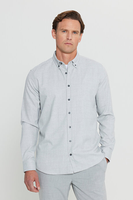 Oxford Slim Fit Dar Kesim Düğmeli Yaka Kareli Esnek Gri Gömlek resmi