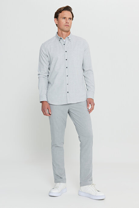 Oxford Slim Fit Dar Kesim Düğmeli Yaka Kareli Esnek Gri Gömlek resmi