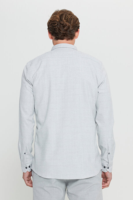 Oxford Slim Fit Dar Kesim Düğmeli Yaka Kareli Esnek Gri Gömlek resmi
