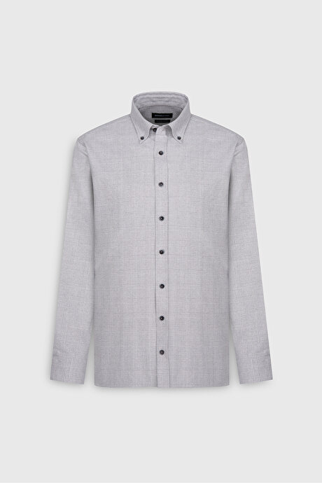 Oxford Slim Fit Dar Kesim Düğmeli Yaka Kareli Esnek Gri Gömlek resmi