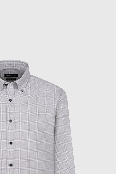 Oxford Slim Fit Dar Kesim Düğmeli Yaka Kareli Esnek Gri Gömlek resmi