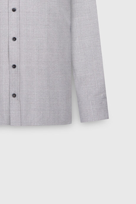 Oxford Slim Fit Dar Kesim Düğmeli Yaka Kareli Esnek Gri Gömlek resmi