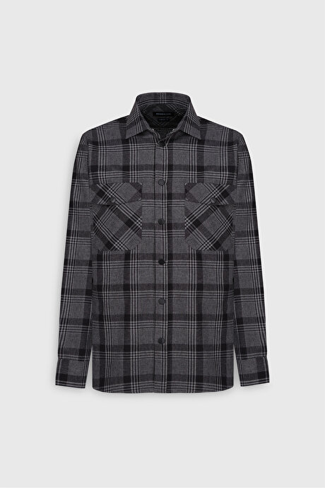 Pamuklu Flanel Comfort Fit Rahat Kesim Klasik Yaka Ekose Desenli Antrasit Gömlek resmi