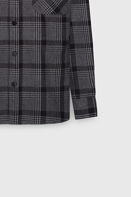 Pamuklu Flanel Comfort Fit Rahat Kesim Klasik Yaka Ekose Desenli Antrasit Gömlek resmi