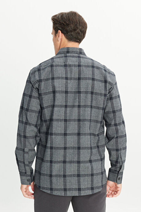 Pamuklu Flanel Comfort Fit Rahat Kesim Klasik Yaka Ekose Desenli Antrasit Gömlek resmi