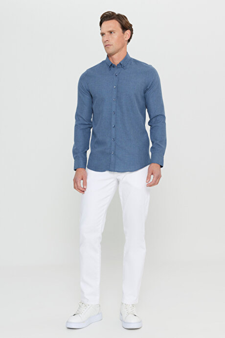 Pamuklu Flanel Slim Fit Dar Kesim Düğmeli Yaka Lacivert Gömlek resmi