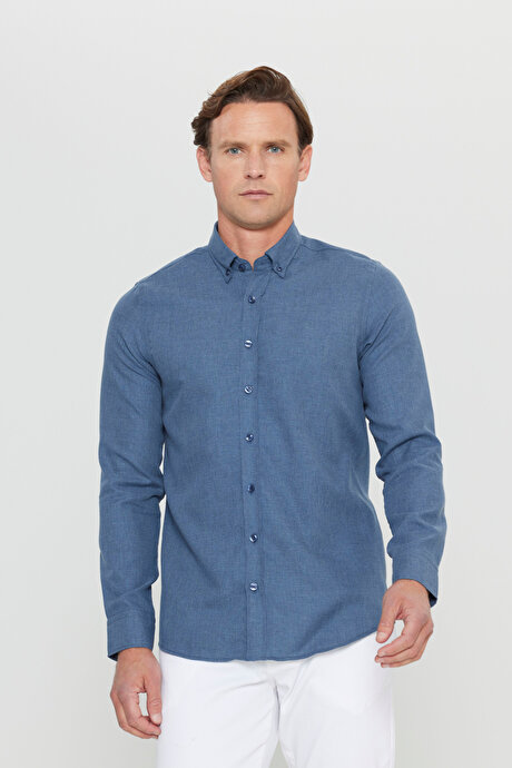 Pamuklu Flanel Slim Fit Dar Kesim Düğmeli Yaka Lacivert Gömlek resmi