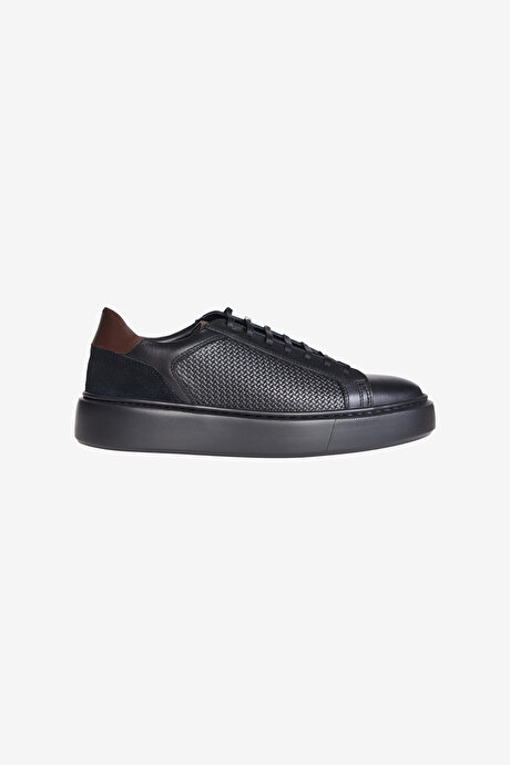 %100 Deri Rahat Taban Sneaker Spor Siyah Ayakkabı resmi