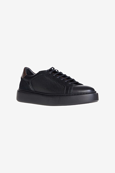 %100 Deri Rahat Taban Sneaker Spor Siyah Ayakkabı resmi