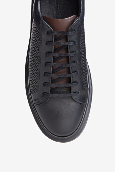 %100 Deri Rahat Taban Sneaker Spor Siyah Ayakkabı resmi