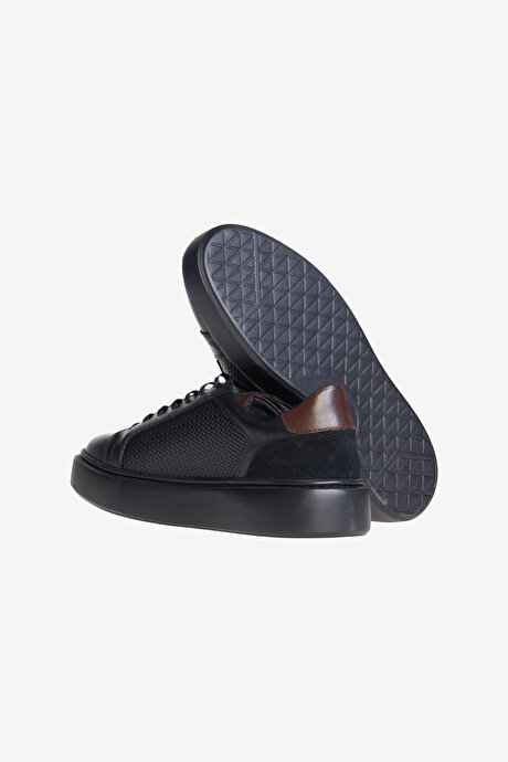 %100 Deri Rahat Taban Sneaker Spor Siyah Ayakkabı resmi