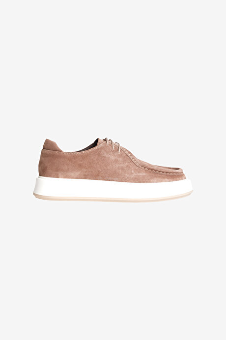 %100 Deri Rahat Taban Spor Sneaker Bej Ayakkabı resmi