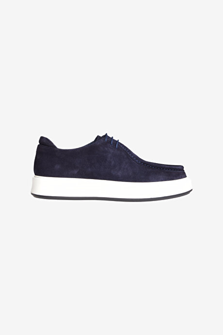 %100 Deri Rahat Taban Spor Sneaker Lacivert Ayakkabı resmi