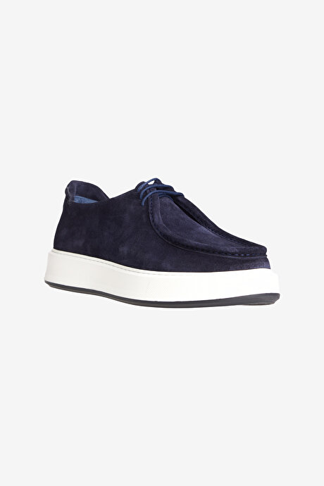 %100 Deri Rahat Taban Spor Sneaker Lacivert Ayakkabı resmi